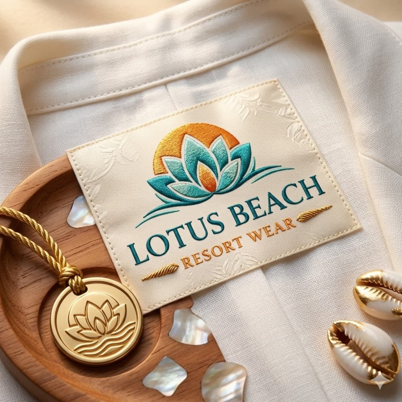 The Lotus Beach woven label, a gold medallion, and shells on linen